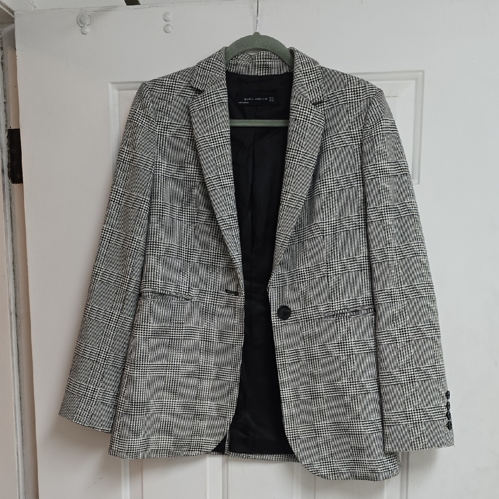 Zara Check Plaid Blazer Small Gray Brown 1 Button 